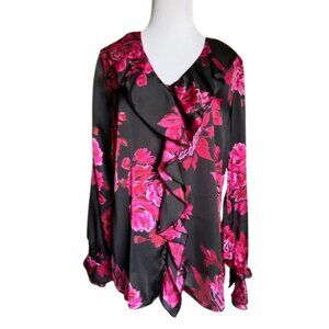 Fashion Bug Red Rose Floral Silky Ruffle Long Sleeve Blouse